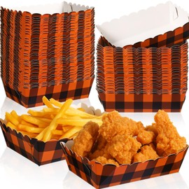 Dunzoom 60 Pcs Thanksgiving Paper Food Tray Fall Disposable Food Boat Autumn Plaid Plates Maple Leaf Pumpkin Serving Tray for Popcorn Nacho Hot Dog Harvest Party Supply Decoration(Classic)