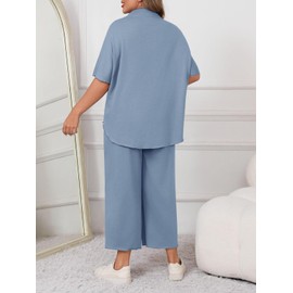 Beautife Women's Plus Size 2 Piece Outfits 3/4 Batwing Sleeve Capelet Crew Neck Pullover Top Wide Leg Pants Lounge Set Blue
