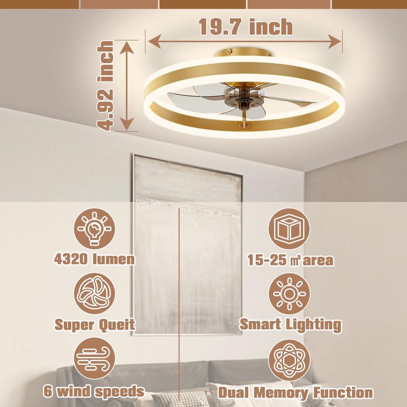 VOLISUN Low Profile Ceiling Fans with Lights and Remote, 19.7in