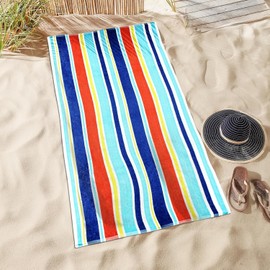 Superior Oceana Stripes Oversized Cotton Beach Towel, Highly Absorbent Towels for Bathroom, Beach, Pool, Swim, Lounging, Vacation, Bath Sheet, Quick Dry Basics, Trip Essentials, Striped Decor, Blue