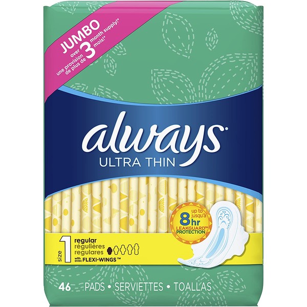 ALWAYS Ultra Thin Size 1 Regular Pads With Wings Unscented, 46 Count (Pack of 1)