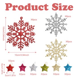 BSITSSS 18PCS 10cm Glitter Snowflake Christmas Hanging Decorations, Hanging Glitter Snowflake Christmas Decorations with Mini Star Ornaments Christmas Tree Decoration (Gold, Silver, Red)