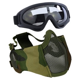 Aoutacc Airsoft Protective Gear Set, Half Face Mesh Masks with Ear Protection and Goggles Set for CS/Hunting/Paintball/Shooting (Camo.)