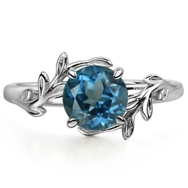 LUO Round Shaped 1.68 CT London Blue Topaz Ring Branch Statement Ring 925 Sterling Silver December Birthstone Ring for Women US Size 11.5