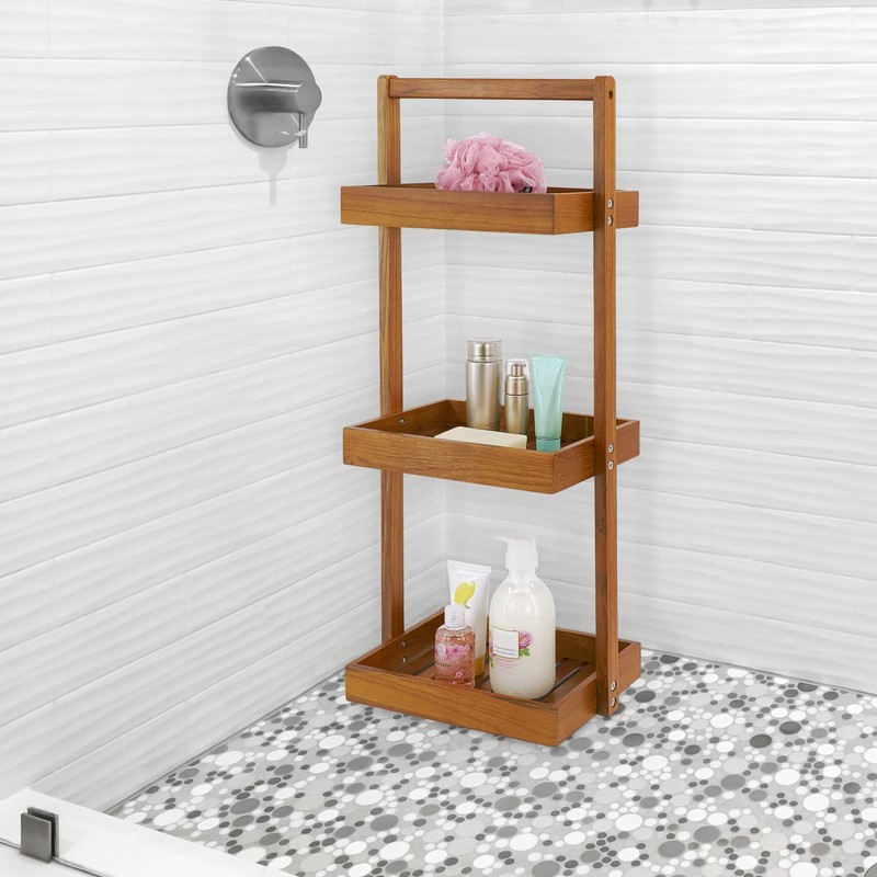 Utoplike Teak Shower Caddy Corner, 3 Tier Standing Shower Organizer