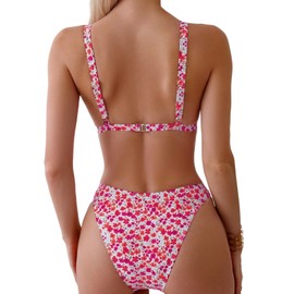 ZAFUL Women's 2 Piece Floral Print Swimsuit Triangle String High Cut Bikini Sets Bathing Suit (1-Red Multicolor,M)