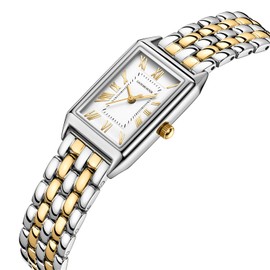 GAOFAN HOUR Gold Watches for Women with Vintage Rectangular Case,White Roman Dial,Stainless Steel Band,Adjustment Tool Included,Water Resistant(Two-Tone)