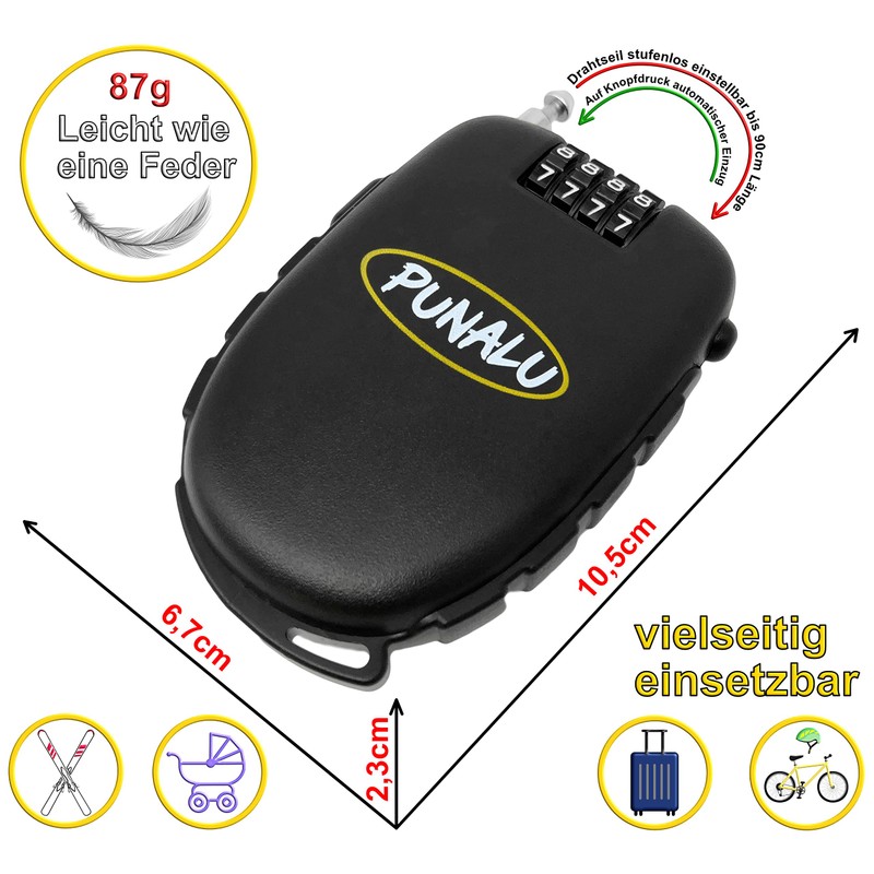 Punalu Compact, Lightweight Ski Lock, Bicycle Lock with 4-Digit Combination