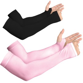 YESLIFE - Mangas de brazo con protección solar UV para hombres y mujeres, manga deportiva de enfriamiento UPF 50, Con agujero para el pulgar - 2 pares - Negro + Rosa, Talla única
