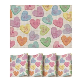 Artoid Mode Colorful XOXO Hearts Vinyl Valentine's Day Placemats Set of 4, 12x18 Inch Wipeable Non-Slip PVC Place Mats for Party Kitchen Dining Decor
