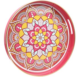 SforGUVA Round Pink Decorative Tray for Coffee Table, Ottoman, 13” Plastic Serving Platter Tray with Handles for Entertaining, Living Room