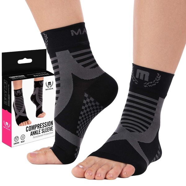 Mava Sports Ankle Brace Support Sleeves Pair - Plantar Fasciitis Compression Socks, Relieve Achilles Tendonitis, Joint Pain, Sprained Ankle - Faster Injury Recovery - Walking, Running Sport
