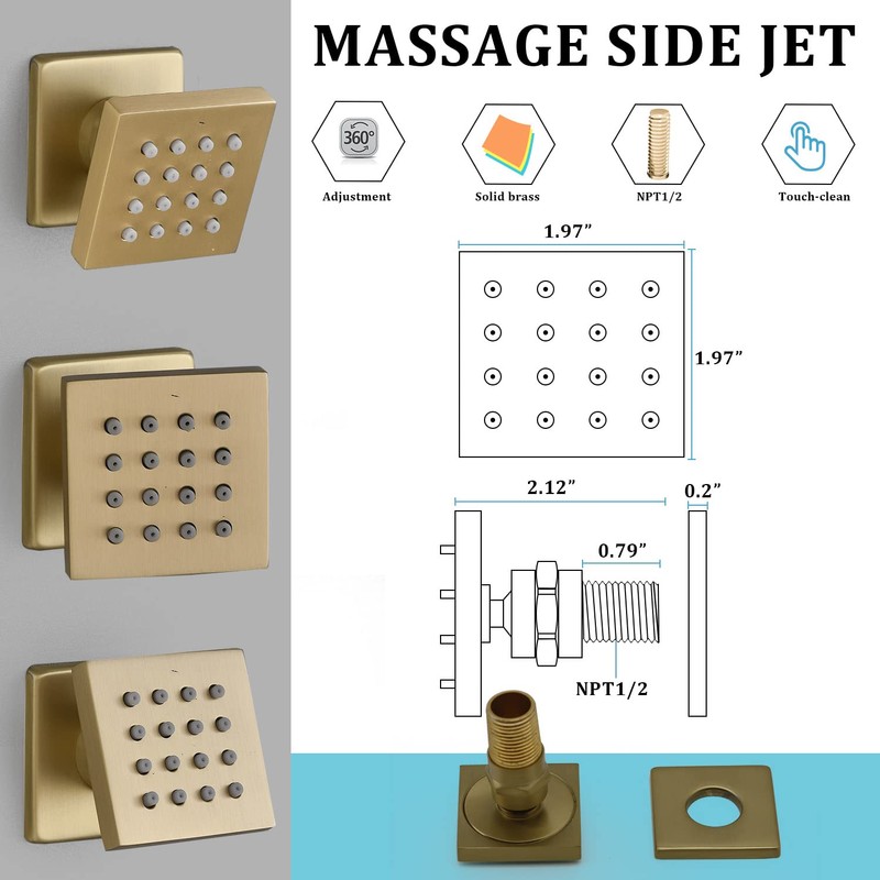 Brushed Gold 4 Pack HOMEDEC 2inch Brass Square Massage Shower