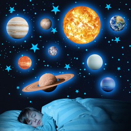 Glow in The Dark Stars Solar System Wall Stickers, Sun and 8 Major Planets Wall Decals for Bedroom, Baby Nursery Decoration for Ceiling (Blue)