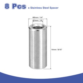 uxcell 8Pcs 304 Stainless Steel Spacer 1/4" OD x 1/8" ID x 9/16" Length(6x3x14mm) Screw Standoff Bushing Plain Finish Unthreaded Round Metal Spacer for M3 Screws Bolts and Rods, Silver