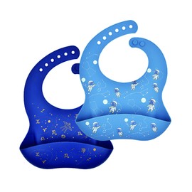 GAJIGAJI Waterproof Silicone Baby Bibs Set of 2, Easy Clean Quick Drying Soft and Comfortable Feeding Bucket Bib, Keep Stain off (Astronaut&Gold Stamp)