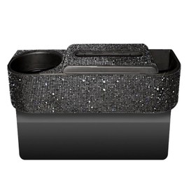 RAGBUSCLE Multi-Function Tissue Storage Box w/Cup Holder, Auto Gap Filler Multifunctional Car Seat Organizer, Auto Console Side Storage Box, Black Rhinestone, Black Diamond