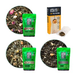 Tiesta Tea Loose Leaf Green Tea Gift Set - Tea Assortment with 3 Loose Leaf Tea Samplers and 100 Disposable Tea Filters