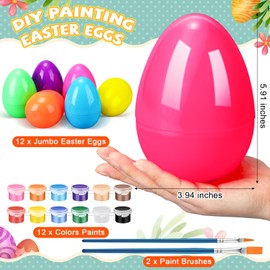 VioraWhite 15 Pieces Jumbo Easter Eggs Painting Set 6 Inch Fillable Easter Eggs Bulk DIY Plastic Paintable Eggs with Paints and Brush for Easter Hunt Basket Stuffers Fillers DIY Party Favor Gifts