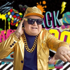 Domchan 80s 90s Retro Hip Hop Accessories Bundle - 4 Piece Costume Jewelry Set with Faux Gold Chains, Punk Sunglasses & Dollar Sign Ring for Men Women, Rapper Party Outfit