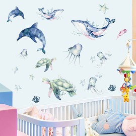 Mulaibdin 33 Pcs Sea Wall Stickers, Bathroom Wall Stickers, Under The Sea Wall Stickers, Wall Murals for Bedrooms Girls & Boys, Turtle Shark Whale Dolphin Stickers for Kids, Animals Wall Stickers