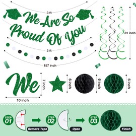 Oudain Black Green Graduation Decorations Class of 2026 We Are So Proud of You Banner with Honeycomb Balls Glitter Stars Hanging Swirls Circle Garland for High School College Grad Party Supplies