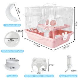 PINVNBY Dwarf Hamster Cage, Small Animal Cages, 2-Tier Travel Portable Mouse Cage Hamster Carrier with Castle House Running Exercise Wheels, Water Bottle and Food Dis（Pink）
