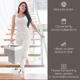 Stair Basket for Carpeted and Wooden Stairs - Laundry Basket for Stairs with Handle, 16" L x 10" W x 16" H Storage Staircase basket for Toys, Clothes, Books, Tools, Magazine, with Hard Board