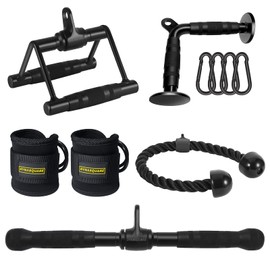 DYNASQUARE Cable Attachments for Home Gym, LAT Pulldown Attachment, Weight Machine Accessories, Straight Pull Down Equipment, V-Shaped Press Down Bar, Tricep Rope, Exercise & Double D Handle