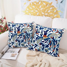 Alysheer Embroidered Decorative Throw Pillow Cover 18"x 18" Set of 2, Lucky Bird Boho Embroidery Happy Knit Pattern Cotton Cushion Case for Sofa Couch Living Room Bedroom Outdoor (Blue Bird, 2pc)