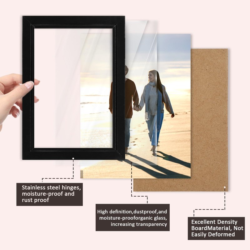 Photo Frame Hold 4 Photos, 4x6 Hinged Folding Wood Picture