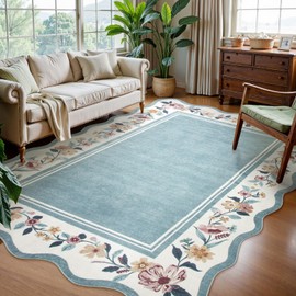 Lahome Floral Blue 8x10 Rugs for Living Room，Washable Boho Area Rug Non Slip Vintage Low Pile Scalloped Large Rug for Bedroom, Farmhouse, Dining Room, Kids Playroom