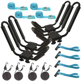 2 Pairs Heavy Duty Kayak Rack-Includes 4 Pcs Ratchet Tie-Mount on Car Roof Top Crossbar-Easy to Carry Kayak Canoe Boat Surf Ski (J-Bar Rack)
