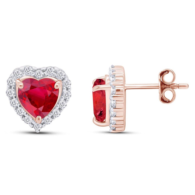 Heart Shape Simulated Ruby & White CZ Stud Earrings In