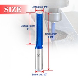 RURITKIT 1Pc Extra Long Straight Router Bit Set 1/2 Shank,Carbide Tipped Double Flute Straight Bit Dado Straight Cut Router Bit for Woodworking, 2" Cutting Length,1/2" Cutting Dia.