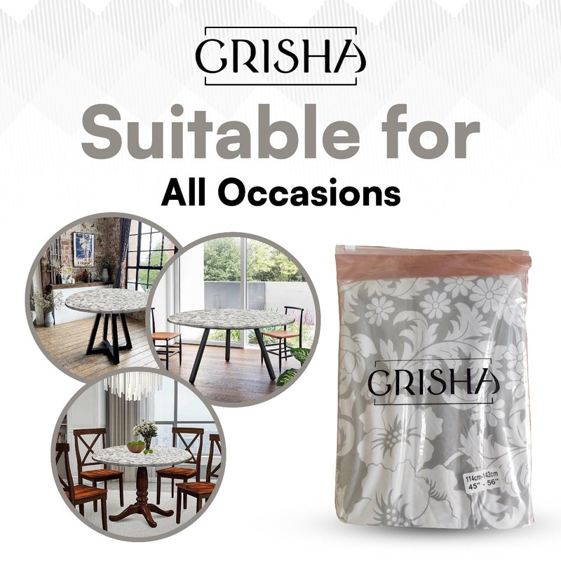 GRISHA Waterproof Round Tablecloth,Elastic Edged Fitted,Oilcloth,PVC,Wipeable,Outdoor circular plastic cover,Gray Flowers