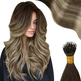 Moresoo Nanoring Real Hair Extensions Brown to Chestnut Brown with Platinum Blonde Nano Ring Real Hair Extensions 45 cm 50 Strands 50 g #4/6/613