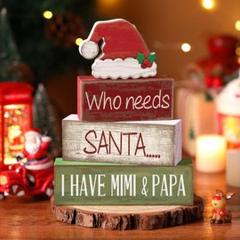 Lineshading 4 Pcs Christmas Table Decorations Wooden Red Santa Hat Christmas Tiered Tray Decor Rustic Wood Santa Hat Block Sign Xmas Centerpiece Mimi and Papa's Gift Decor for Home Shelf Kitchen