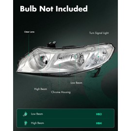 SCITOO Headlight Assembly Fit 2006-2011 for Honda Civic Sedan Pair Headlamps Chrome Housing Clear Reflector 33151SNAA02
