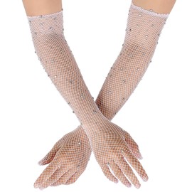RainFlowwer Rhinestone Fishnet Long Gloves White Mesh Arm Sleeves for Cosplay Party Costume for Women Girls Steampunk