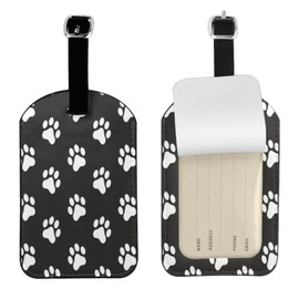 UESEU Dog Paw Print Luggage Tag for Suitcases,White Animal Footprint Black PU Leather Baggage Tags Bag Tags Travel Id Label for Luggage Women Men -1 Piece