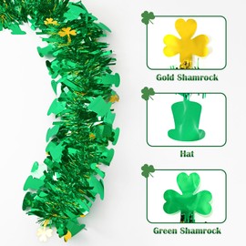 ASPMIZ 33 FT St Patricks Day Garland, Gold Green Hat Shamrock Garland Decor, Shiny Tinsel Garland St Patricks Day Decorations for Home Indoor Outdoor, Metallic Clover Garland for Irish Party Decor