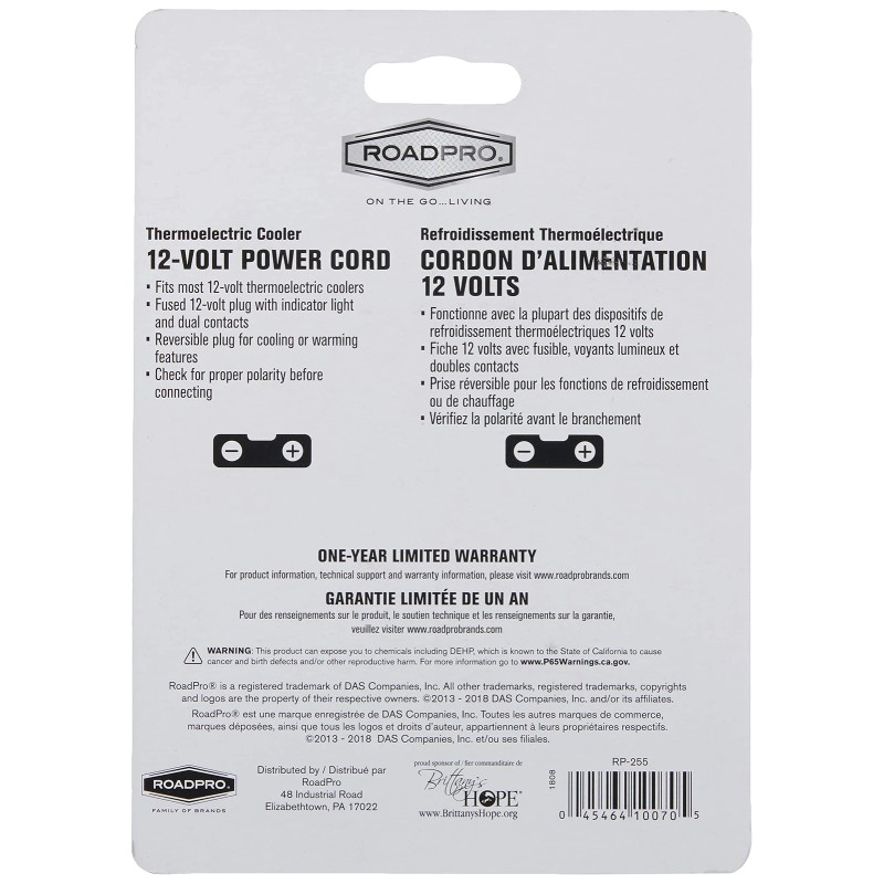 RoadPro RP-255 10' Universal ThermoElectric 12V Power Cord,Black