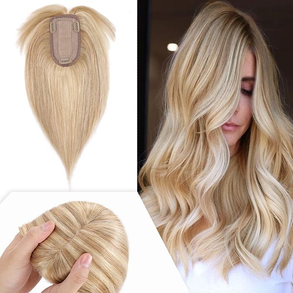 Hairro Clip in Silk Base Hair Topper 6 Inch Human Hair with Bangs for Women Short Highlight Golden Brown Mix Bleach Blonde Clip on Hairpiece 7x13cm Base Toupee Extensions #12/613