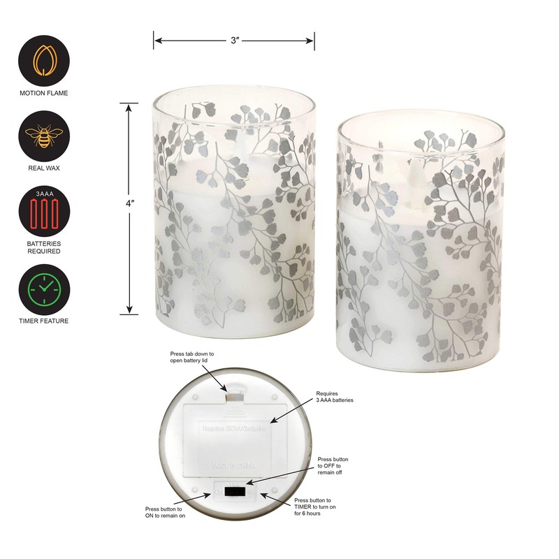 LumaBase Battery Operated LED Glass Candles with Flickering Flame, Silver