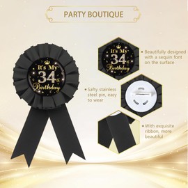 It's My 34th Birthday Tinplate Badge Pin, Gold Diamond Happy 34th Birthday Button Pin, Thirty Four Birthday Black Rosette Award Ribbon Pin for Women, Brooch Buttons for 34 Years Old Birthday Party Decoration