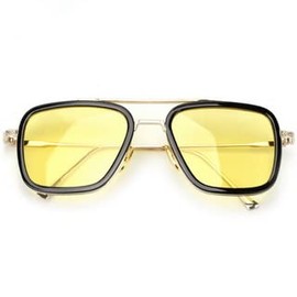 Retro Vintage Sunglasses Tony Stark Glasses Square Metal Frame for Men Women Goggle Classic Alloy Frame (Black Frame Yellow Lens)