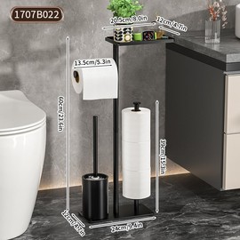 Modern Bathroom Toilet Paper Stand with Storage Shelf, Black Metal Holder for 3 Mega Rolls, Brush Set, 24x12x60 Inches