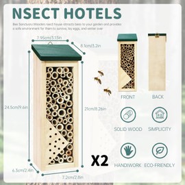 2Pcs Wooden Bee House for Outdoor Decor, Hanging Wooden Insect Hotels, Bee Houses for Pollinating Bees (2)