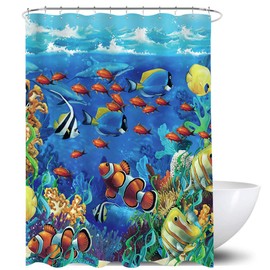 Homewelle Tropical Fish Shower Curtain Kids 72Wx72L Funny Under The Sea Colorful Ocean World Coral Blue Clown Fish Animal Boys Children Waterproof Polyester Fabric Bathroom Bathtub